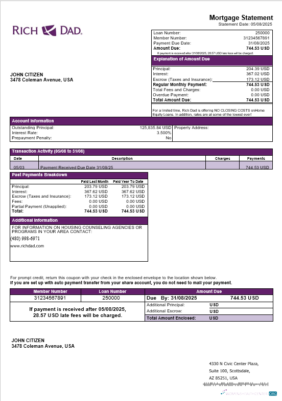 Download USA Rich Dad bank mortgage statement in Word and PDF formats Photoshop template
